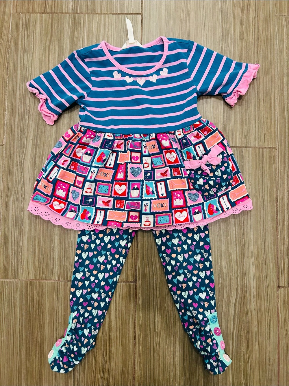 Matilda Jane Teal and Pink Heart Patchwork Girls Matching Set